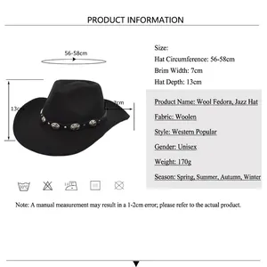 Ethnic style wool felt fedora cowboy hat with size specifications for men and women