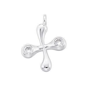 Macro detail of silver bamboo style X-shaped pendant with sparkling crystal inlay