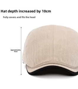 Detail of herringbone flat cap showing the 10cm depth design and fabric texture