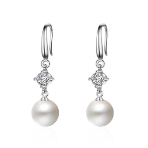 Elegant white round pearl earrings with sparkling crystals and silver hooks on white back