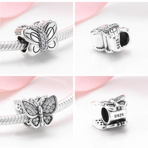 Multi-angle views of S925 sterling silver butterfly charm with small zircons and S925 hallmark