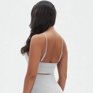 Detail shot of the seamless knitted texture and back strap design on the yoga bra