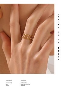 Detailed close-up of a double-layer 18K gold-plated stainless steel chain ring on a model