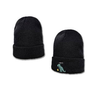 Bonnet en tricot noir pour femmes avec broderie de dinosaure vert mignonne