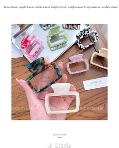 Detail showing acetate hair claw clip dimensions 6.6cm by 5.8cm in vintage patterns