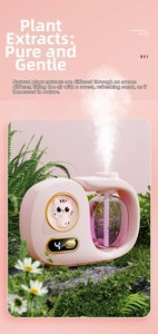 Macro shot of pink cat-themed diffuser spraying fine mist over a natural floral setup