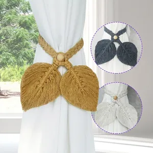 Bohemian Macrame Leaf Curtain Tiebacks Handmade Cotton Rope Drapery Holdbacks With Wood Bead For Home Decor