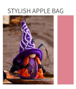 Detail of Halloween gnome with purple knit hat, spider pendant and orange braided pigtails