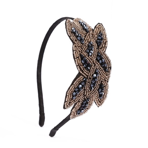 Bohemian crystal beaded headband with vintage gold beads and black rhinestones