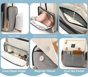 Detail view of large capacity diaper backpack showing insulated bottle pockets and storage