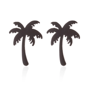 Minimalist black stainless steel coconut tree stud earrings set with tropical palm leaf design