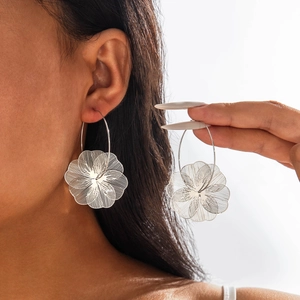 Gros plan de boucles d'oreilles fleur en filigrane d'argent sur modèle montrant le détail