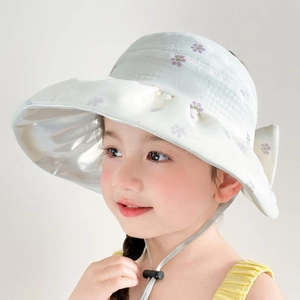 Close-up of girls' sun hat with purple floral print and wide wavy brim for sun protection