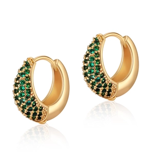 Detail of 18K gold plated brass hoop earrings with micro-pave green zircon stones