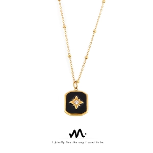 North Star Square Pendant Necklace Stainless Steel Black Enamel Zircon Inset Vintage Jewelry For Women