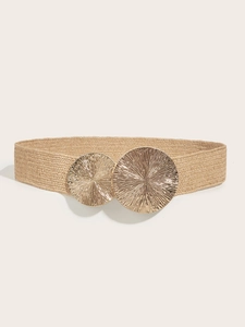 Elastic straw woven waist belt for women with golden double-disc sunburst buckle