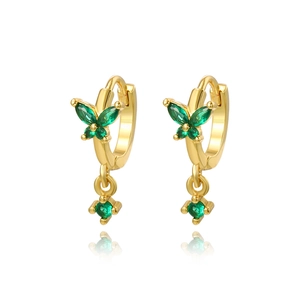 Gold plated butterfly hoop earrings with vibrant green zircon stones and crystal drops