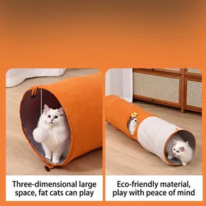 Foldable orange oxford cloth cat tunnel toy with hanging ball and multi-hole design