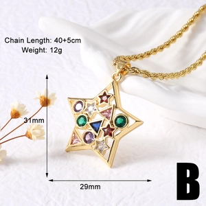 Detail view of a gold star pendant featuring multi-colored gemstones and dimensions