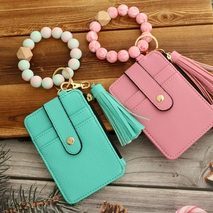 Silicone bead keychain with marble pattern and leather wallet card holder in pink and green