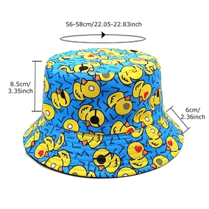Blue cotton bucket hat featuring yellow duck patterns and detailed size measurements