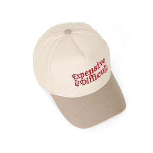 Close-up of Expensive & Difficult embroidery on two-tone five-panel cotton baseball cap