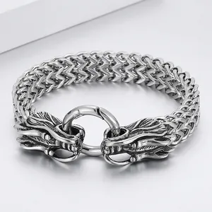 Dragon Head Bracelet Men Double Dragon Stainless Steel Woven Franco Chain Biker Punk Gothic Retro Jewelry Gift