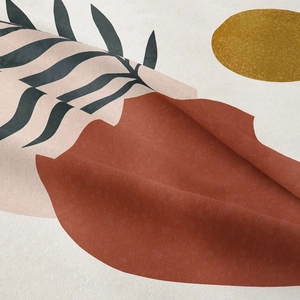 Close-up of high-density fabric texture with minimalist bohemian leaf and stripe patterns