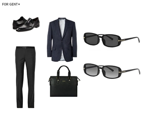Flat lay of men's navy pinstripe blazer, briefcase, and rectangle black sunglasses
