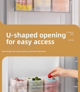 Detail view of transparent fridge side door organizers with U-shaped open design