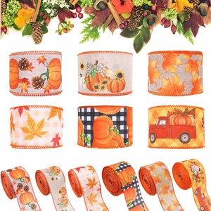 Harvest theme ribbons set with pumpkin and maple leaf patterns on white background