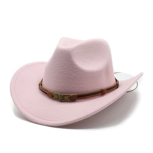 Detail of pink wool cowboy hat featuring a braided leather band with vintage metal buckles