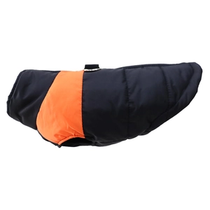 Detail of warm dog winter vest with blue and orange quilting and metal traction rings