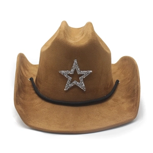 Detailed texture of brown faux suede cowboy hat with silver rhinestone star emblem