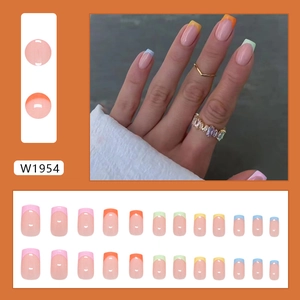 Colorful French tip press on nails in 5 macaron shades, medium square shape, 24 pieces
