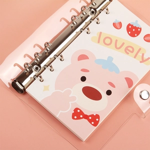 Pink A6 loose-leaf notebook with transparent PVC cover and cute cartoon bear illustrations