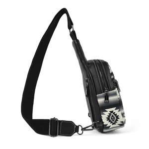 Detail view of ethnic canvas crossbody bag with multi-zipper and tribal pattern