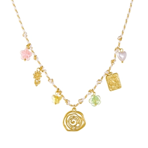 Braided rope necklace with gold-plated floral and heart charms in multiple colors