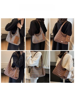 Classic brown checkered hobo shoulder bag with a small matching purse shown on model