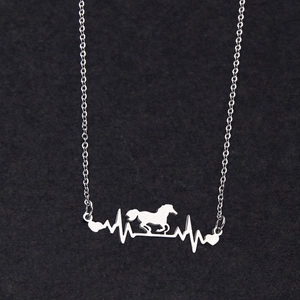Minimalist stainless steel heartbeat necklace with running horse and heart silhouette