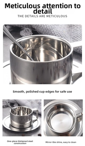 Detailed macro view of 304 stainless steel coffee cup with polished finish and flat handle