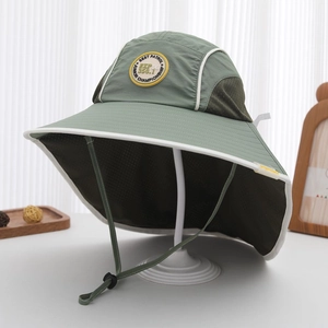 Detail of army green kids sun hat featuring mesh side panels and adjustable wind cord