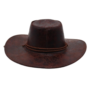 Classic dark brown western cowboy hat in distressed faux leather with braided rope band