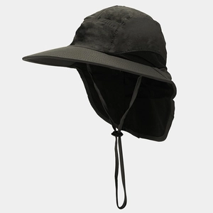 Macro detail of the wide brim and protective neck flap on a gray outdoor sun hat