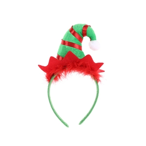 Festive Christmas elf hat headband with red feathers and green felt holiday design
