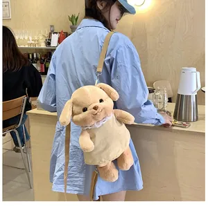 Detail of plush dog backpack with lace collar and adjustable brown strap on a model