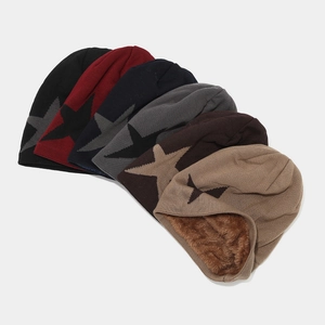 Winter knit beanies for men featuring large star patterns and warm fleece lining in six colors