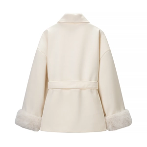 Back view of cream wool coat with luxurious faux fur cuffs and elegant belted waist design