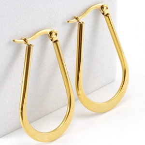 Polished 18K gold plated stainless steel U-shaped teardrop hoop earrings for women