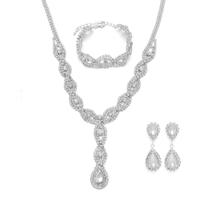 Elegant silver bridal jewelry set with sparkling rhinestones including necklace and earrings